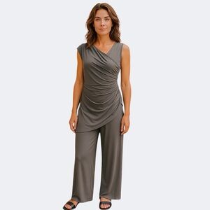 Joseph Ribkoff Layered Jumpsuit Pant Ruched Side Asymmetric Size 8 Taupe